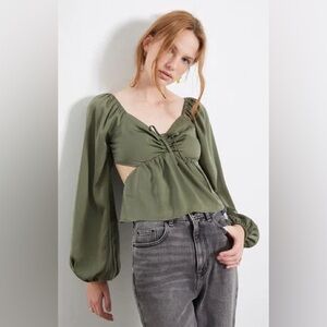 Pacsun LA HEARTS Olive Green Satin Cut-out Long Sleeve Ruched Top Small